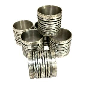 Pewter Silver napkin rings (6) wrapped Brutalist Artisan detailed metal holders